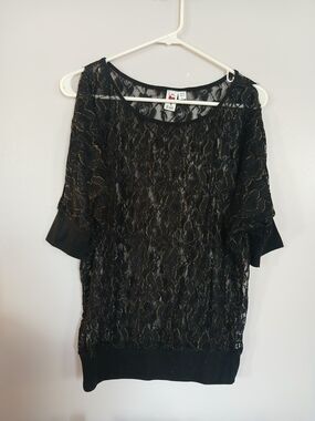 Love Rocks Black Lace Top with Gold Threading